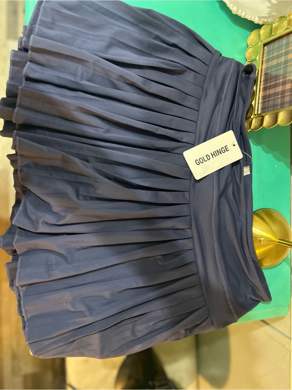 Gold Hinge Navy Pleated Skater Skirt